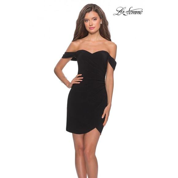 La Femme Dresses & Skirts - NWT La Femme Black Homecoming Off the Shoulder Mini Dress SIze 12